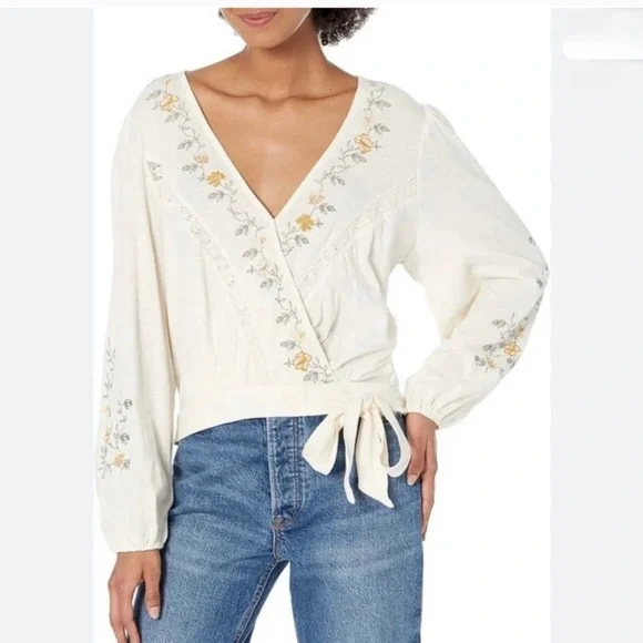 American Eagle Long Sleeve Boho Embroidered Floral Wrap Top Blouse Size Large - Picture 1 of 9